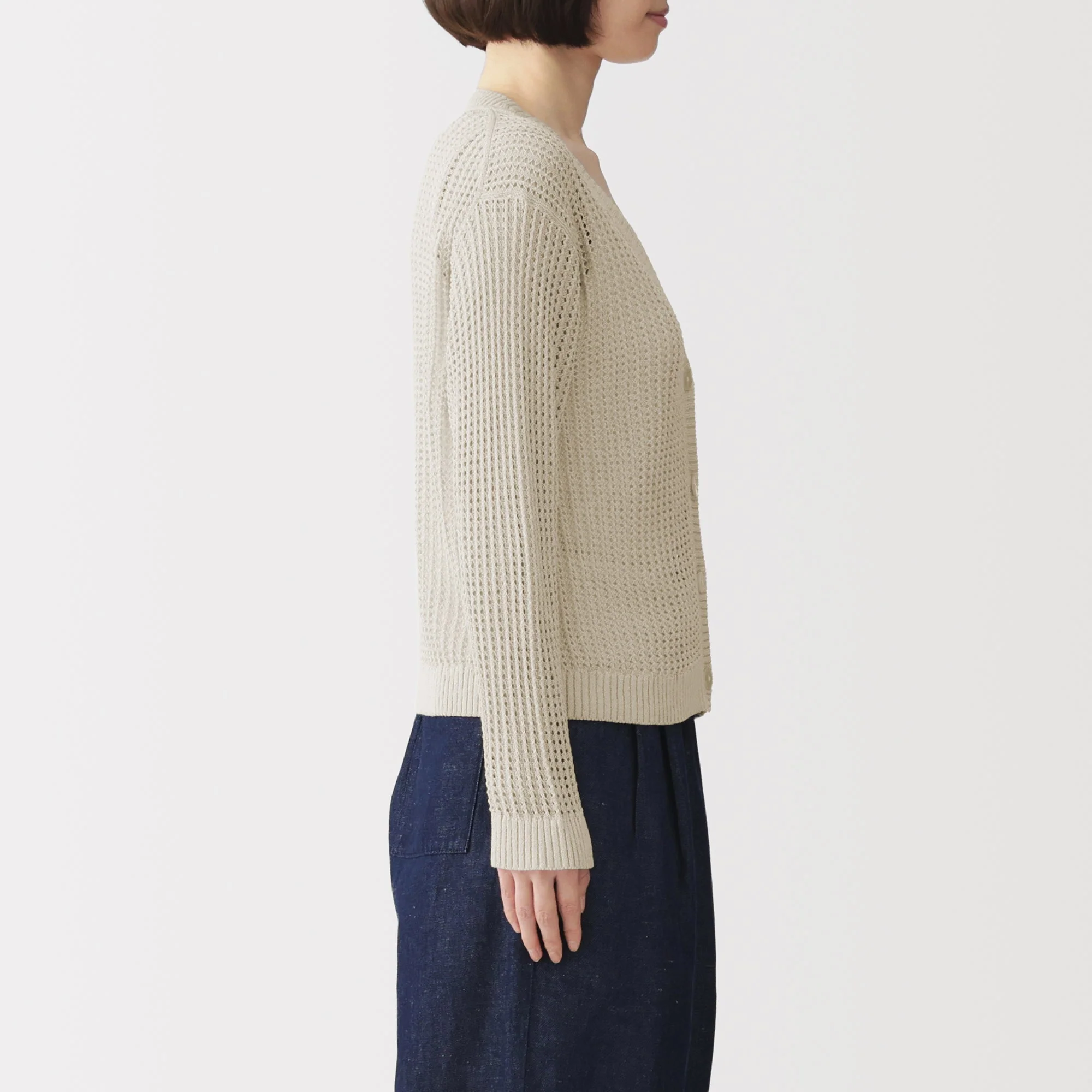 Linen Blend Mesh V-Neck Cardigan - Image 5