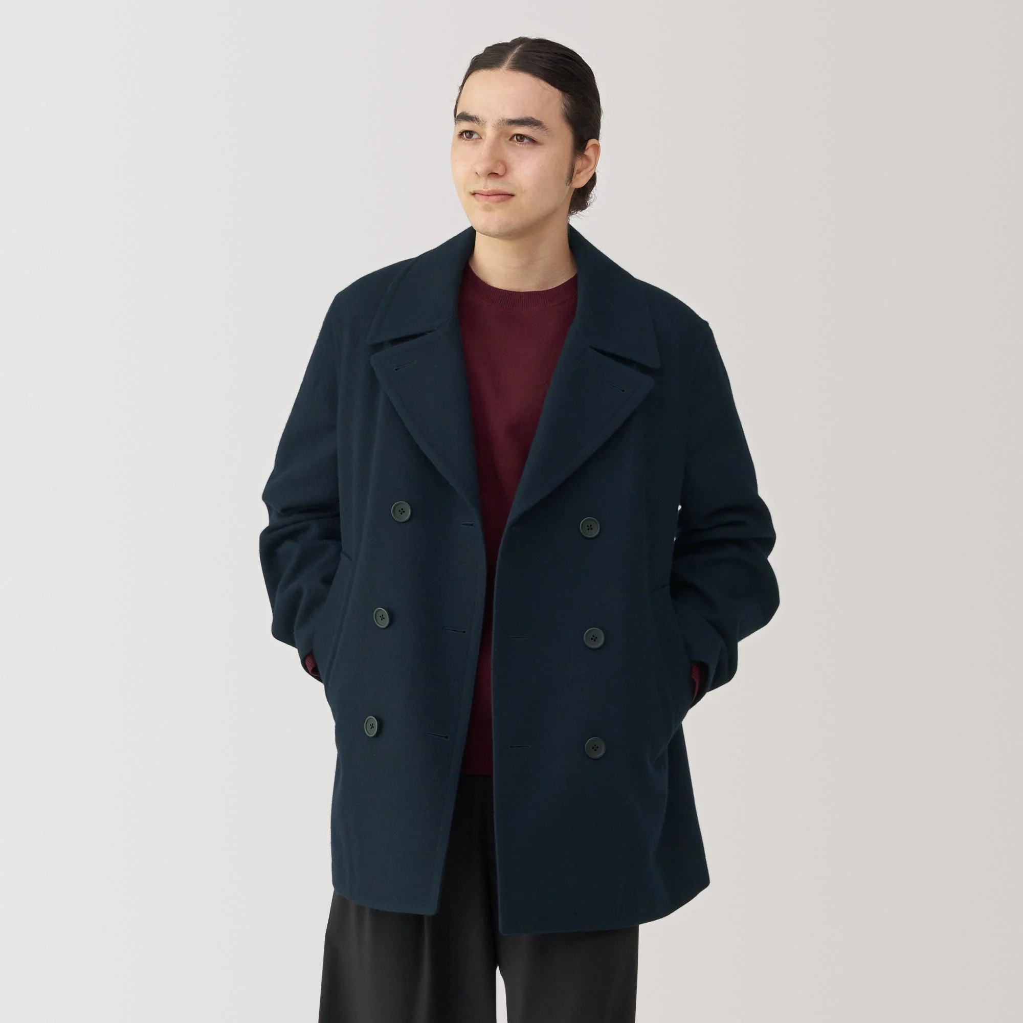 Men's Wool Blend Pea Coat - Dark Navy - Image 3