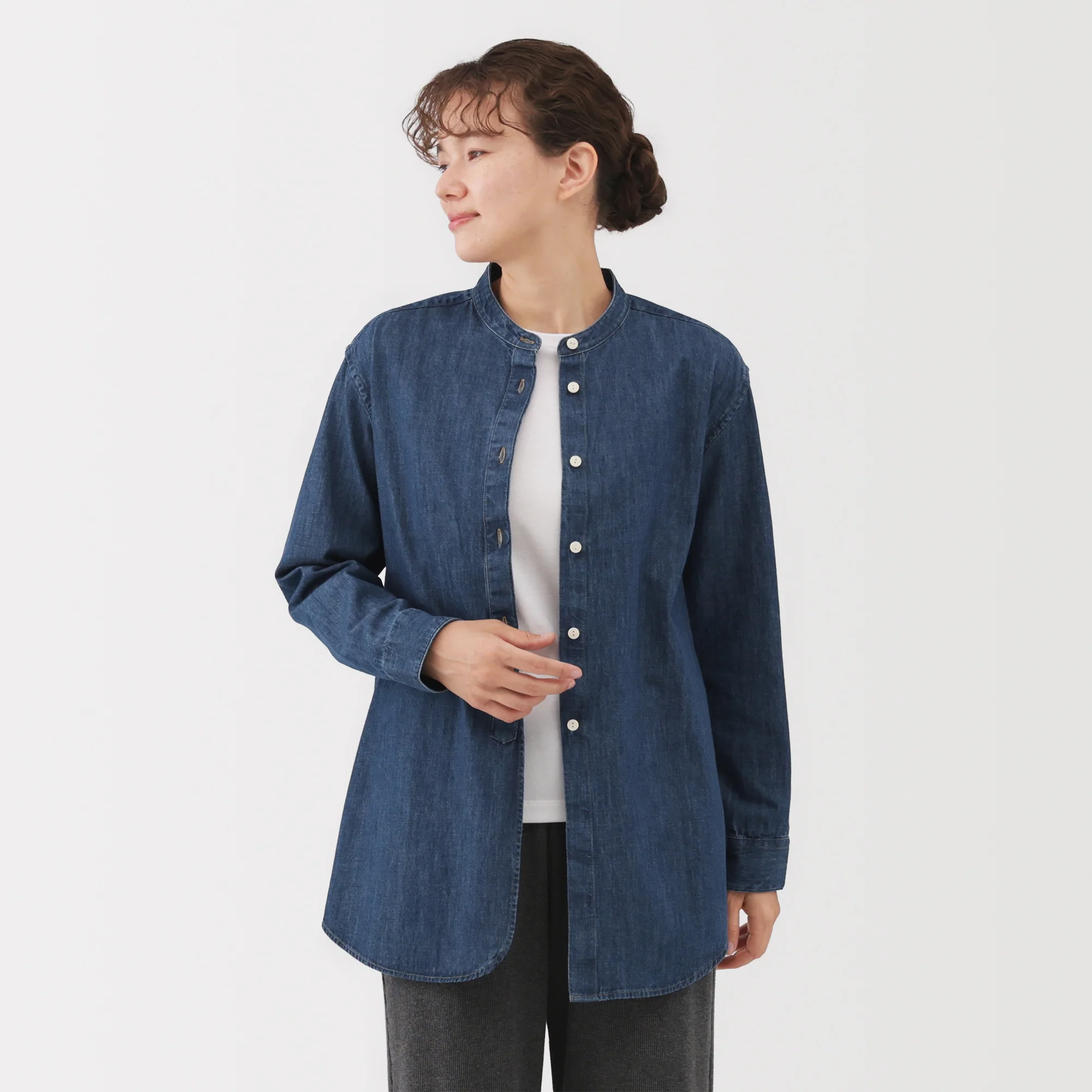 Denim Stand Collar Long Shirt - Image 3