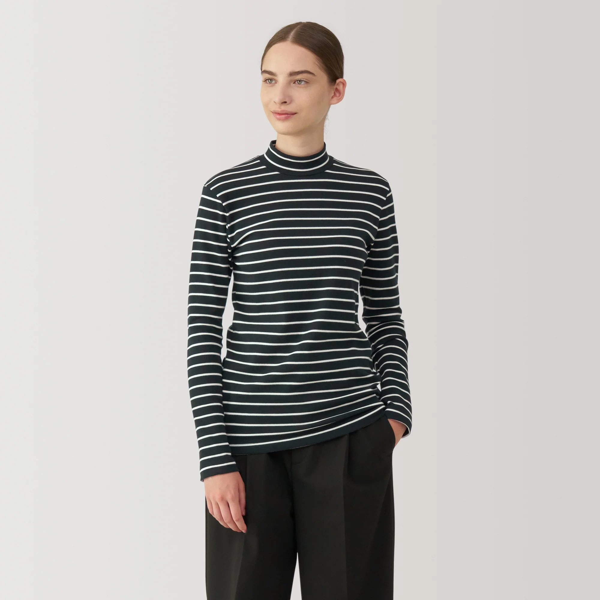 Women's Brushed Ribbed High Neck Long Sleeve Striped T-Shirt - Image 11